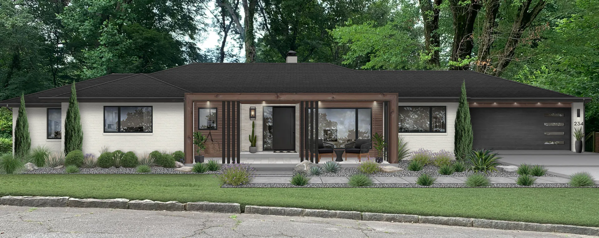 Modern Contemporary exterior visualization with mid‑century modern elements
