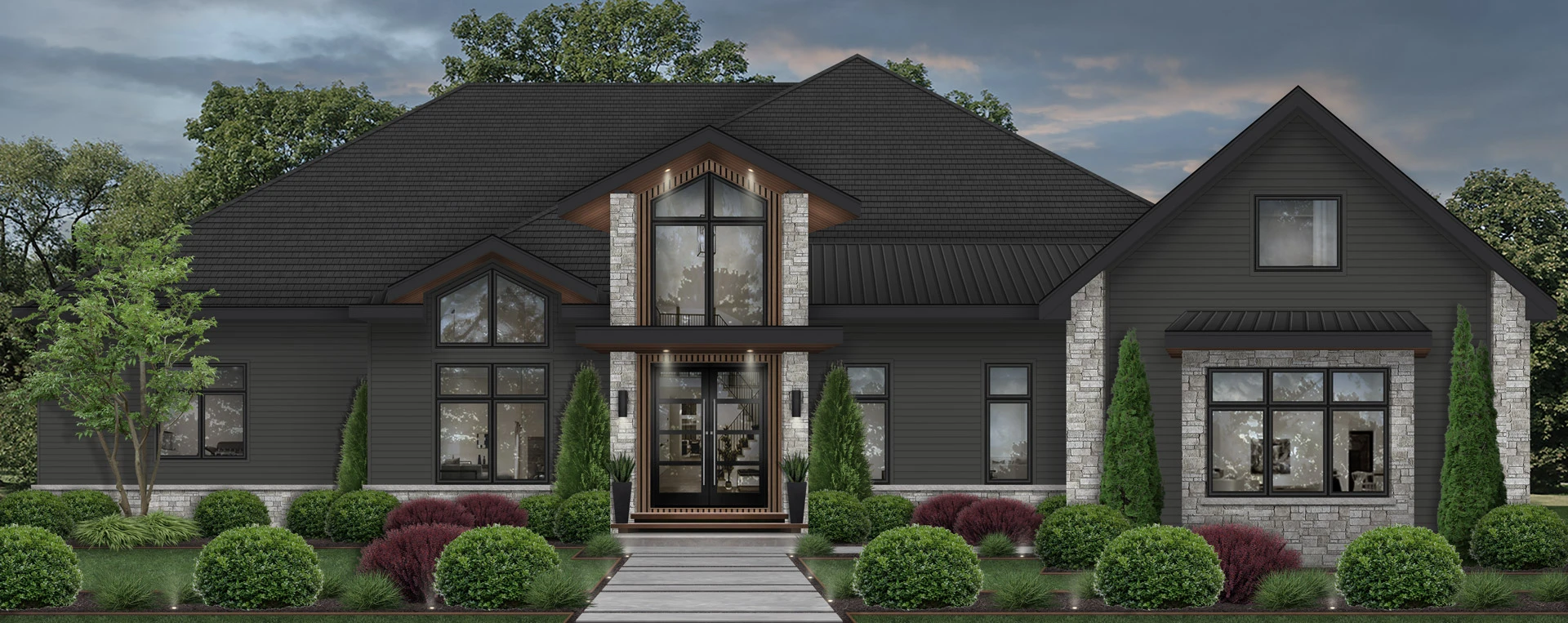 Modern exterior visualization after blueprint redesign with landscape elements