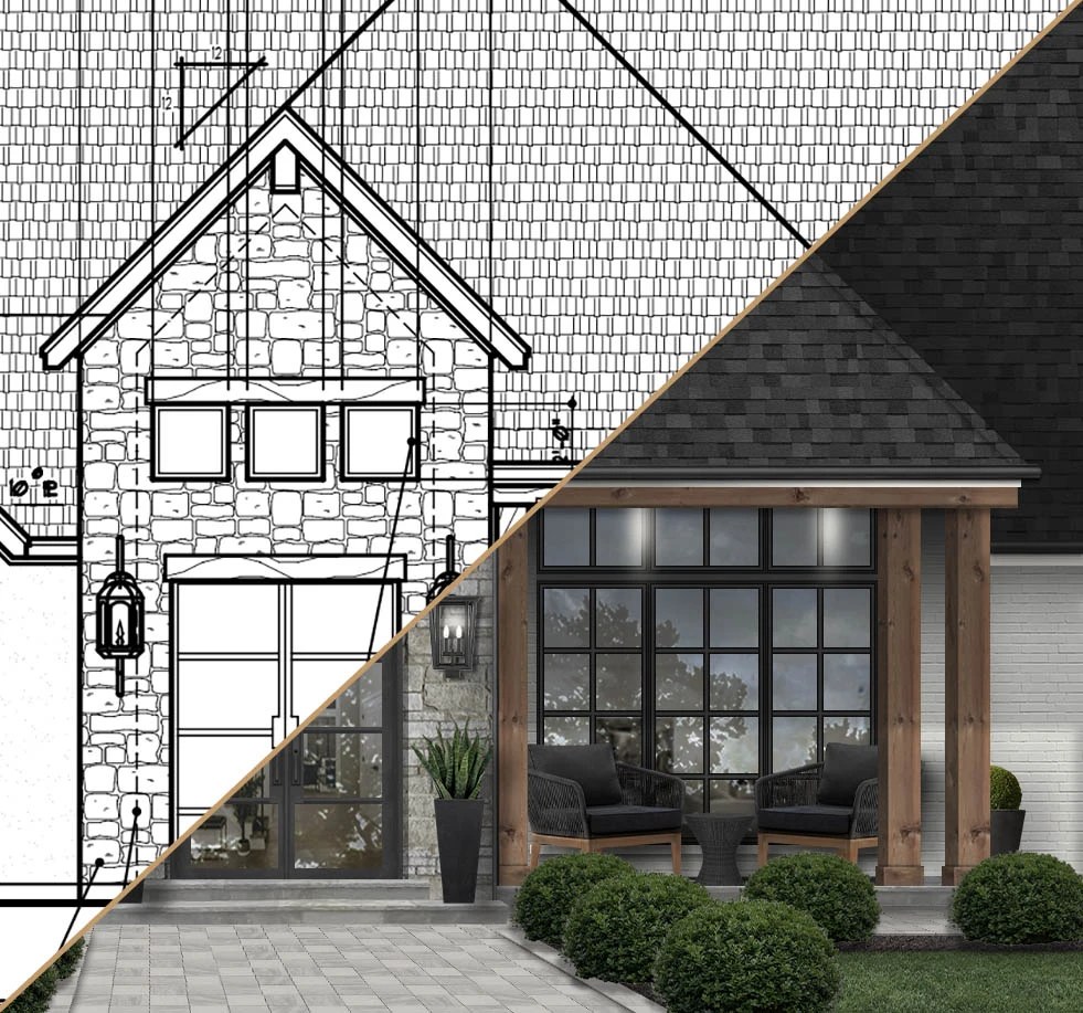 Blueprint-to-reality exterior design visualization showing architectural plans and the finished render