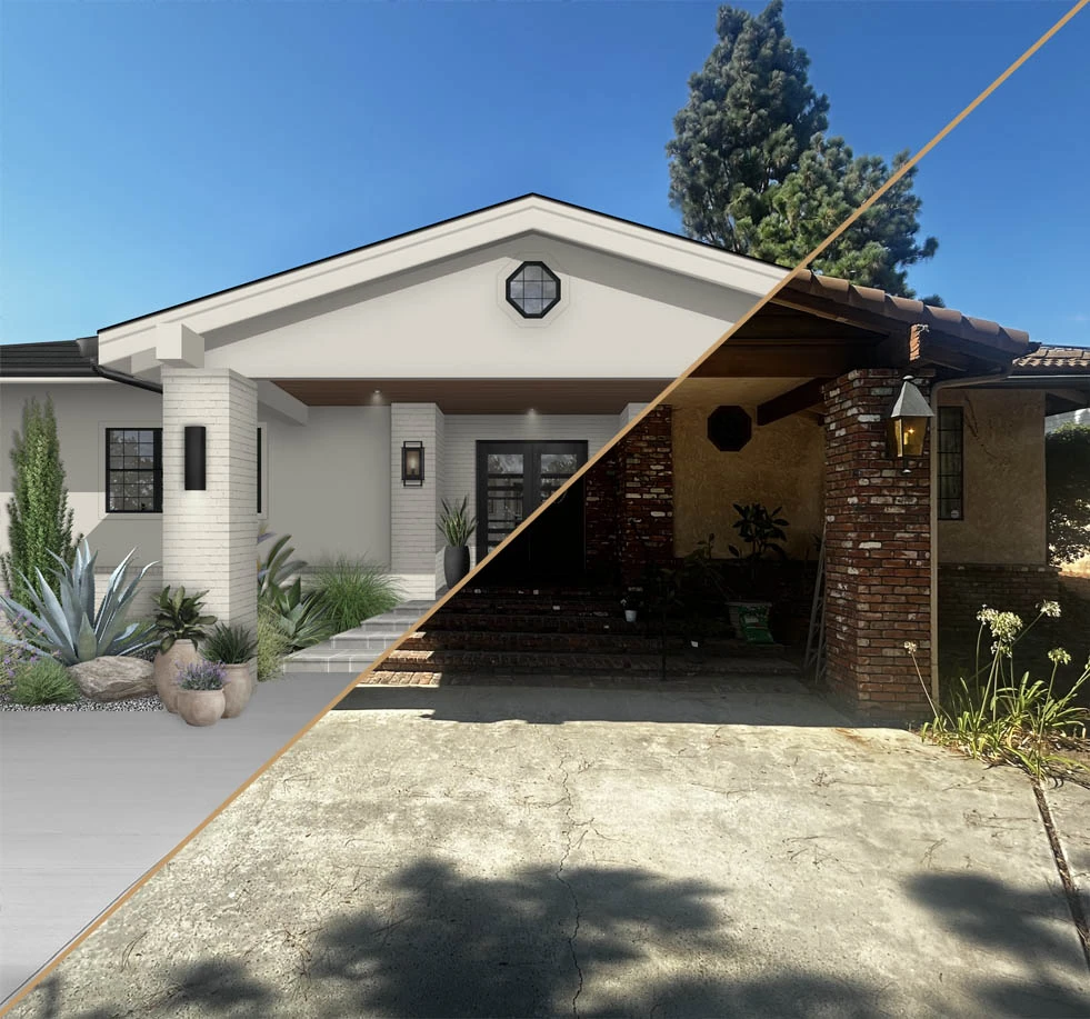Before and after exterior home redesign showing a complete material and style transformation.