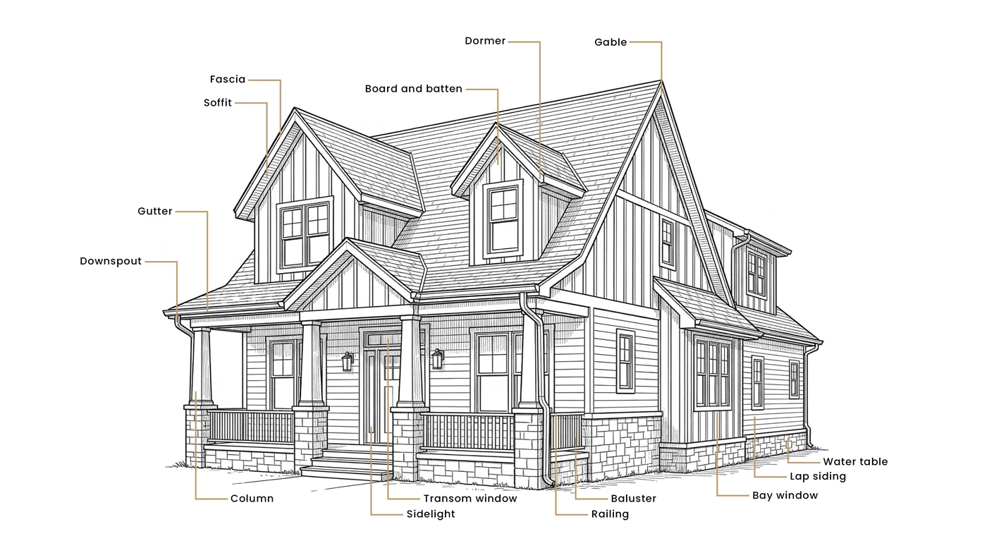 Architectural diagram of house exterior with elements