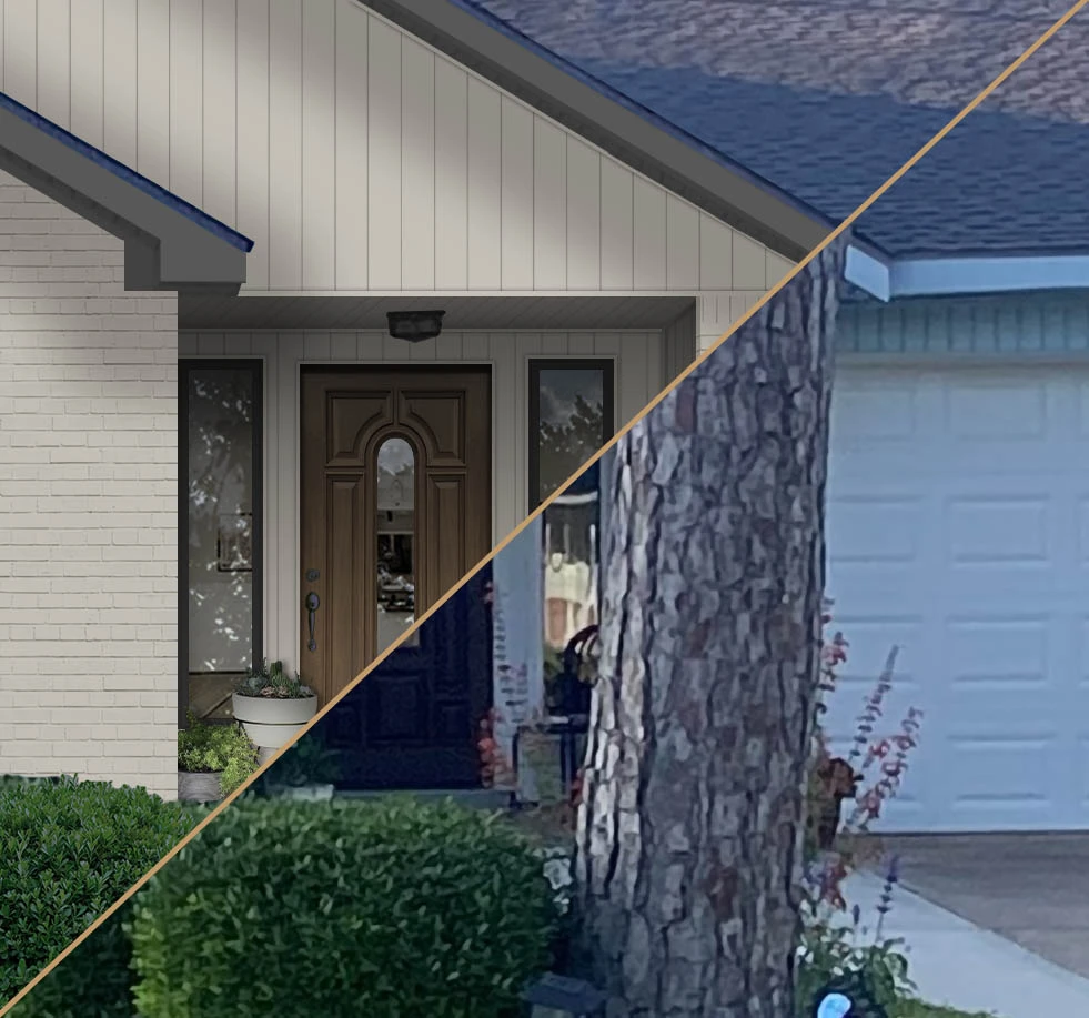 Before and after exterior house visualization showing a paint-only color update.